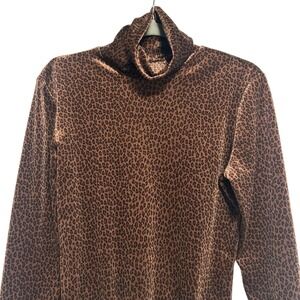 Y2K Sno Skins Brown Leopard Print‎ Bodysuit M Velour Turtleneck Long Sleeve Glam